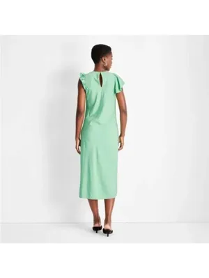 Future Collective NWT Women's Flutter Asymmetrical Ruffle Midi Dress Green S thumbnail 4