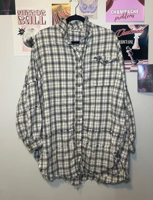 easel White, Blue, & Black Plaid Button-Down Shirt Dress thumbnail 1