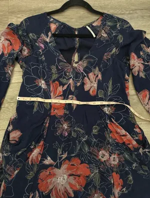 Free People Navy Floral Keyhole Blouse with Pink & Coral Accents thumbnail 7