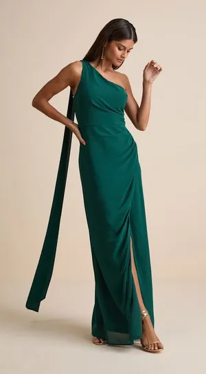 NWT Lulus Adeline Emerald One-Shoulder Scarf Maxi Dress Hoilday Party Gala Sz L thumbnail 1