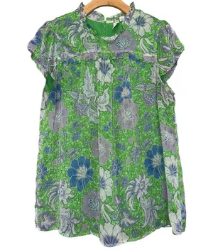 Joie Women’s L Green Pleat Femme Floral Cap Sleeve Ruffle Crew Neck Blouse Top thumbnail 1