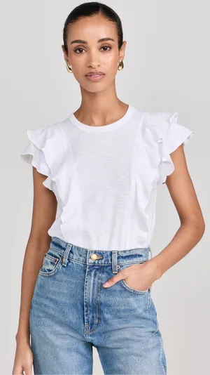 Veronica Beard Jeans Bea Short Sleeve Ruffle Tee White Size Small thumbnail 1