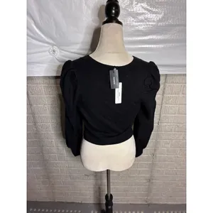 Express Womens Black Rhinestone Bow Cropped Cardigan Puff Sleeve Sweater XS NEW thumbnail 3