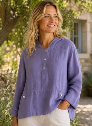 Vintage Two Potato 100% Linen Purple Hooded Pullover Coastal Resort Travel‎ M thumbnail 1