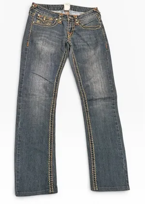 True Religion Joey Super T Straight Leg Jeans Orange‎ Yellow Stitch BLING Y2K 26 thumbnail 1