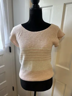 VTG Short Sleeve Sweater Shaker Knit Pink White USA 80’s Medium Grandma Hipster thumbnail 1