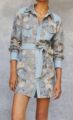 Love the Label Anthropologie Floral Chambray Belted Mini Dress thumbnail 1