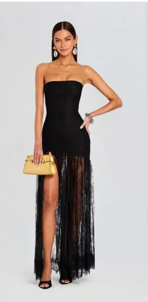 RETROFETE Jeanette Strapless Lace Sheer Black Maxi‎ Dress Size XS thumbnail 1