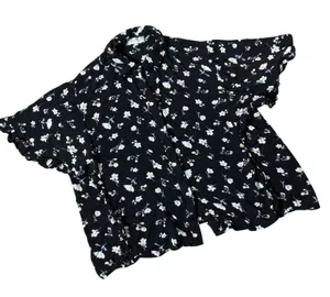 Kaylas Armoire Floral Ruffle Button Down Top Womens M Black Short Sleeve Boho thumbnail 1
