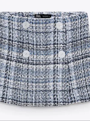 ZARA NWT Textured Tweed High Waist Skort Blue White Button Detail Size M thumbnail 3