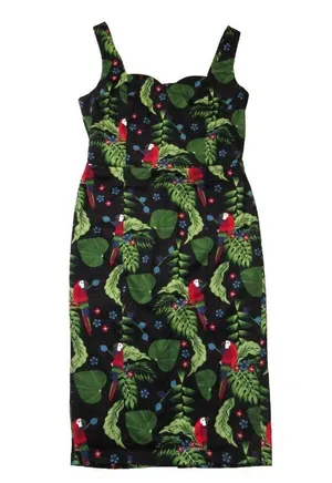 NWT Collectif Anita parrot Paradise in Black Cotton Pencil Dress L / US 10 thumbnail 1