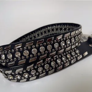 Nocona 2000s Grunge Black Silver Genuine Leather Chunky Festival Indie Hippie Rhinestone Studded Belt Large Buckle Size XL thumbnail 4