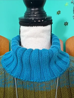Cozy Striped Cowl Neck Sweater in Teal and Olive thumbnail 2