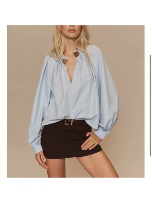 Maeve Anthropologie Pleated Trapeze Blouse Puff Sleeve Light Blue Women’s Small thumbnail 13