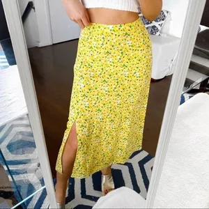 [LOFT] Yellow Floral Print Linen Blend High Waist Side Slit Midi Skirt Size 14 thumbnail 12