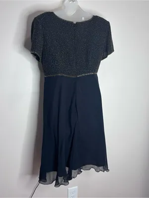 Papell Boutique 100% silk black Beaded Short Sleeve Chiffon Cocktail Dress 14 thumbnail 3