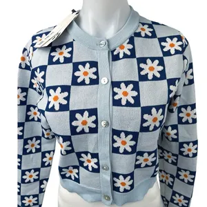 NEW Zara Blue Daisy Floral Checkered Button Knit Crop Cardigan Sweater Top Sz M thumbnail 3