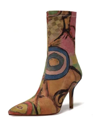 Vivianly Printed Abstract Booties Heels 7 thumbnail 1