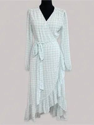 WAYF Blue White Gingham Wrap Ruffle Hi Low Midi Dress NWT M Cottagecore thumbnail 4