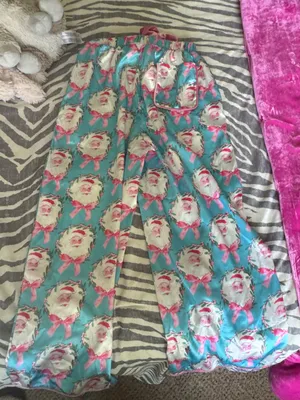 Turquoise Satin Wide-Leg Pajama Pants with Pink Bow & Santa Print thumbnail 3