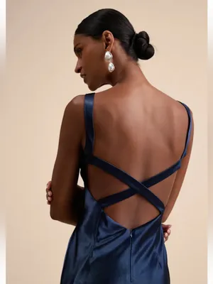 Lulus Perfectly Classy Navy Satin Strappy Maxi Dress thumbnail 3