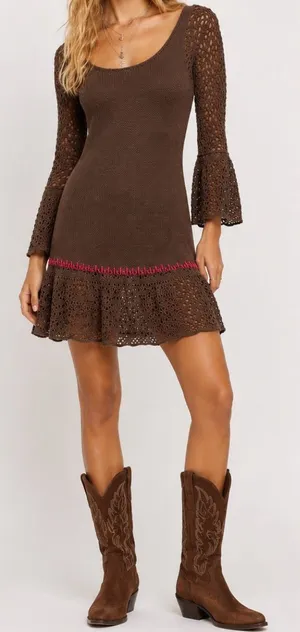 Free People Brown Crochet Knit Boho Whimsigoth Mini‎ Dress Size M thumbnail 1