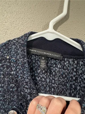 White House Black Market Navy Blue Tweed Jacket with Light Blue Accents Glitter thumbnail 4