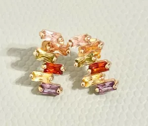 Rainbow Baguette Stud Earrings Gold Plated Multicolor CZ Boho thumbnail 1