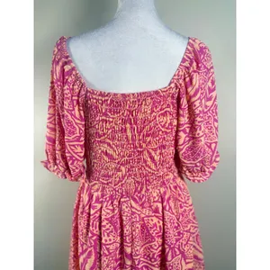 Sienna Sky Tropical‎ Puff Sleeve Dress Womens Medium Pink Excellent Smocked Back thumbnail 10