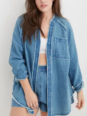 Aerie Gauzy Button Up Shirt Size Medium Oversized Beach Coverup thumbnail 1