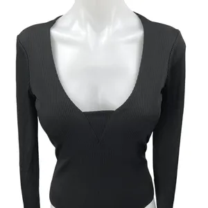 Free People Women's Black Rib Knit Scoop Neck Long Sleeve Bodysuit Top Size S thumbnail 3