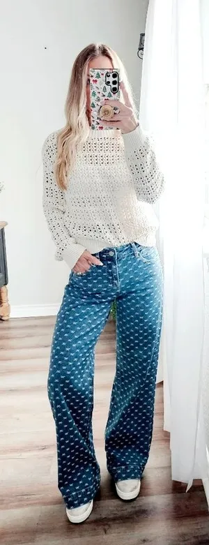 Wide Leg Blue Patterned Jeans - Women's Flare & Wide Leg thumbnail 1