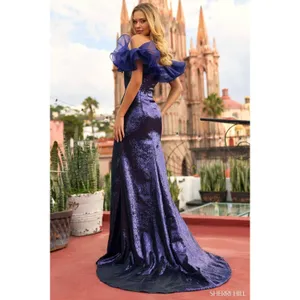 Sherri Hill 55328 Navy Blue Sequin Off-The-Shoulder Ruffle Gown – Size 00 thumbnail 15