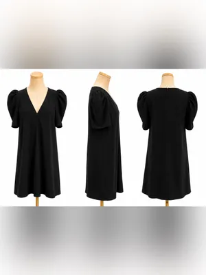 Zara Black Puff Sleeve Mini Dress Size M V Neck A-Line Shift Lined thumbnail 4