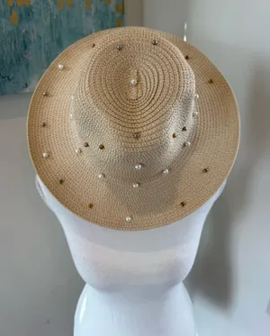 American Exchange Pearl & Gold-Studded Beige Straw Sun Hat thumbnail 1