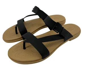 Crocs Tulum Toe Post Sandal Black Tan Women 11 Strappy Slip On Flip Flop Buckle thumbnail 1