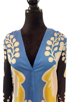 NWT Boutique Retro Graphic Floral Shift Dress 60s Mod V-Neck Long Sleeve Size L thumbnail 3