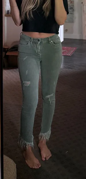 We The Free Olive Green Skinny Jeans with Fringed Hem thumbnail 1