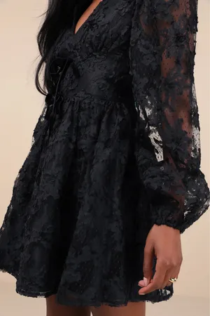 Lulus “Gorgeous Outcome Black Mesh 3D Applique Long Sleeve Mini Dress” thumbnail 4