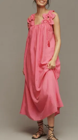 NWT Farm Rio Sleeveless Floral Straps Midi Dress in Pink sz L thumbnail 1