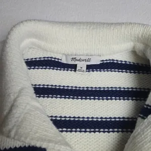 Madewell Striped Polo Sweater Medium‎ White Navy Blue V-Neck Knit Top P2709 thumbnail 4