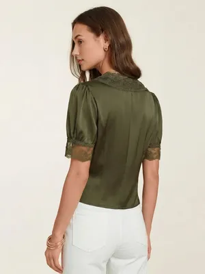 Rihoas Green V Neck Puffed Sleeve Lace Blouse thumbnail 5