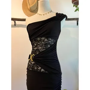 USA De More Y2K Black Stretchy Lace One Shoulder Gold Buckle Dress Size XS thumbnail 12