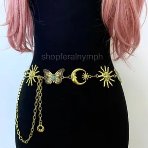 Gold Y2K Celestial Sun Moon Butterfly Chain Belt, Fits 30 to 47 Inches, X7GA1325 thumbnail 2