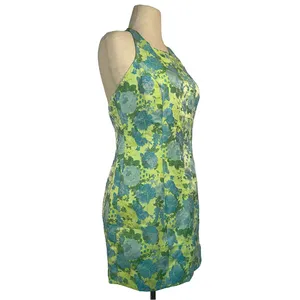 Lulus Ariadna Green and Blue Floral Jacquard Halter Mini Dress thumbnail 4