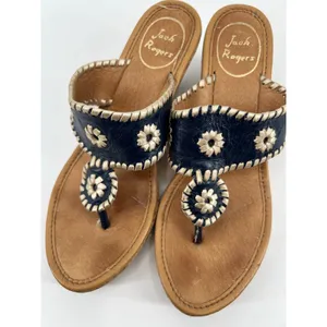Jack Rogers Marbella navy blue leather cork wedge thong flip flop sandal size 8 thumbnail 6