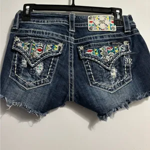Miss Me Blue Jean Shorts with Vibrant Geometric Design thumbnail 2