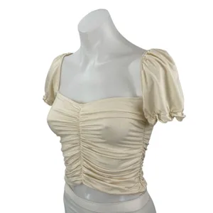 Reformation Fallow Womens Cream Ruched Puff Sleeve Square Neck Crop Blouse Top S thumbnail 2