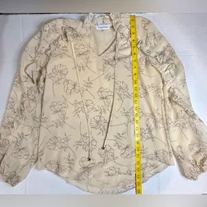 Calvin Klein Long Sleeve Ruffled Sheer Floral V-neck Tan Blouse‎ Pre-owned XS thumbnail 2