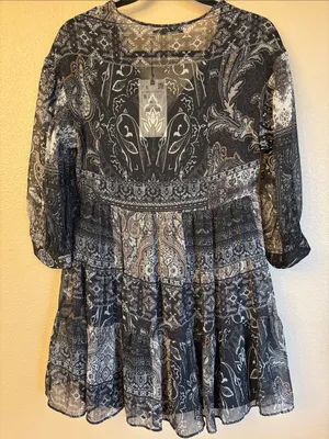 NEW! ZARA Black Gray Paisley Tiered Mini Dress SMALL Semi Sheer Balloon Sleeves thumbnail 8